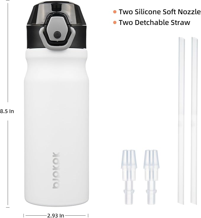BJPKPK Water Bottle with Straw 18oz Insulated Water Bottles Reusable Stainless Steel Metal Thermal Flask with Leak Proof Lockable Lid and Carry Handle,White