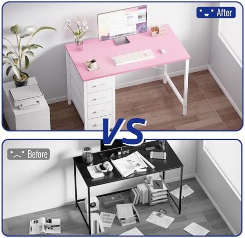 Pamray 32 Inch Computer Desk with 4 Drawers Small Office Desk for Home Bedroom Study Writing Simple Modern Computer Table Pink