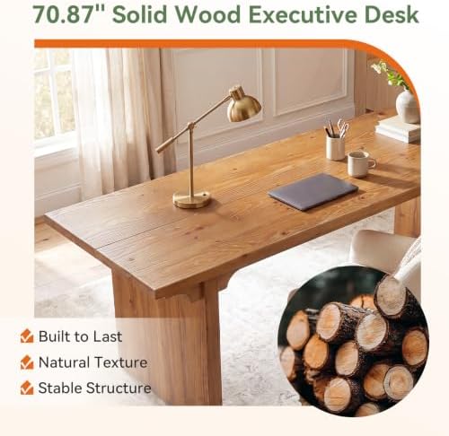 70.87'' Long Solid Wood Desk, Farmhouse Executive Computer Desk