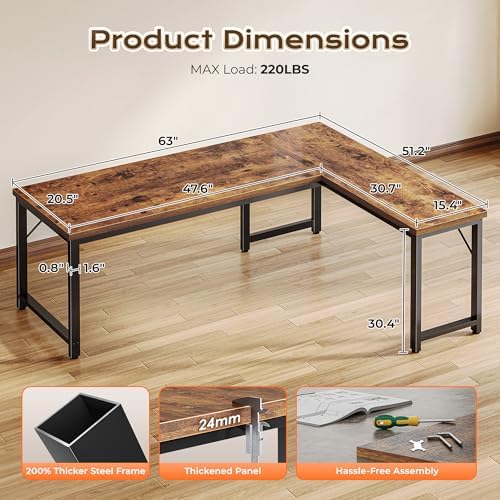 Huuger 63 Inch L Shaped Desk with 0.95 Inch Thicker Desktop