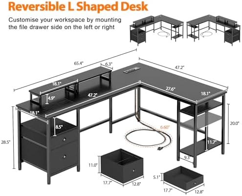 Furologee 66 Inch L Shaped Desk with 2 Drawers and Power Outlet, Black