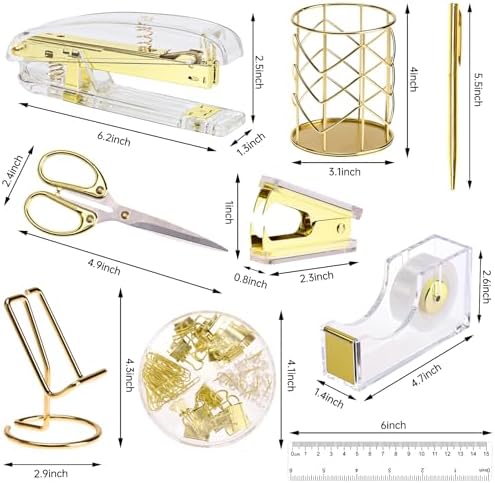 EOOUT Gold Office Supplies Set Desk Accessories, Acrylic Stapler Set Staple Remover, Phone Holder, Tape Holder, Pen Holder, 2 Ballpoint Pen, Scissor, Binder Clips, Ruler, Transparent Glue and Staples.