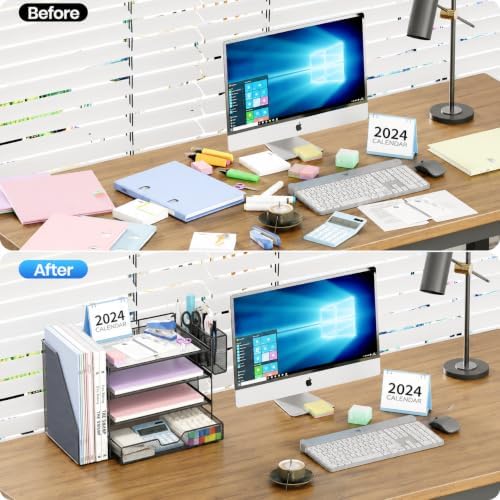 OPNICE Desk Organizers and Accessories, 4-Tier Desktop File Organizer with Drawer and Pen Holders, Office Desk Accessories Workspace Organizers for Office Supplies (Soft Black)