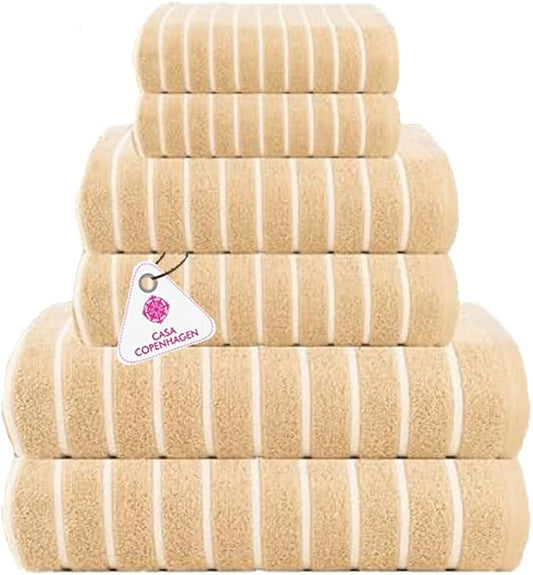 CASA COPENHAGEN Ecstatic 6 Pieces Towel Set- Beige, 600 GSM 2 Bath Towel 2 Hand Towel 2 Washcloth, Designed in Denmark Made of Soft Egyptian Cotton for Bathroom, Kitchen & Shower