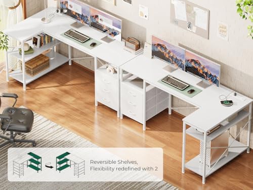 Huuger L Shaped Office Desk with Power Outlets & 3 Drawers