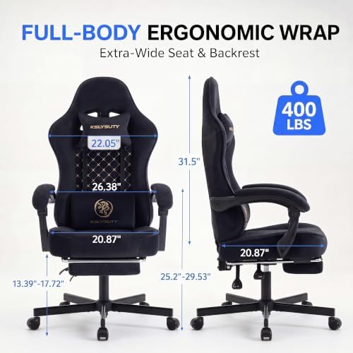 Desk Computer Gaming Chair - High Back Ergonomic Office Chair with Footrest and Lumbar Support, Swivel Comfy Home Gamer Video Game Chairs with Pocket Spring Cushion for Adults (Black Fabric)