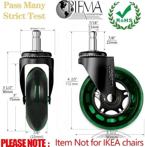 HOSALI Office Rubber Chair Wheels Replacement, 3 Inch Heavy-Duty Computer Desk Casters Wheel, Quiet & Smooth Rolling for All Floors, Set of 5, Green