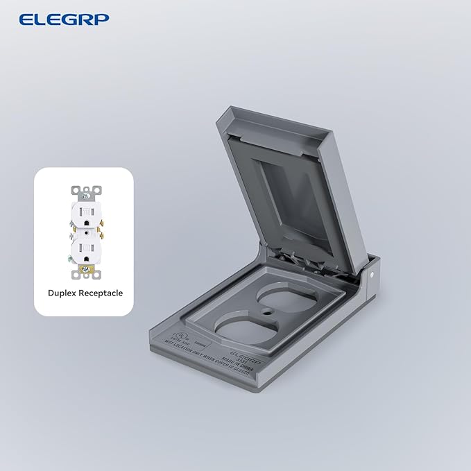 ELEGRP Vertical Outdoor Cover for Duplex Receptacles, Weatherproof Wall Plate, Outdoor Electrical Outlet Cover, Standard Size 1-Gang 4.85” x 2.82”, Thermoplastic, 2 Pack, Grey