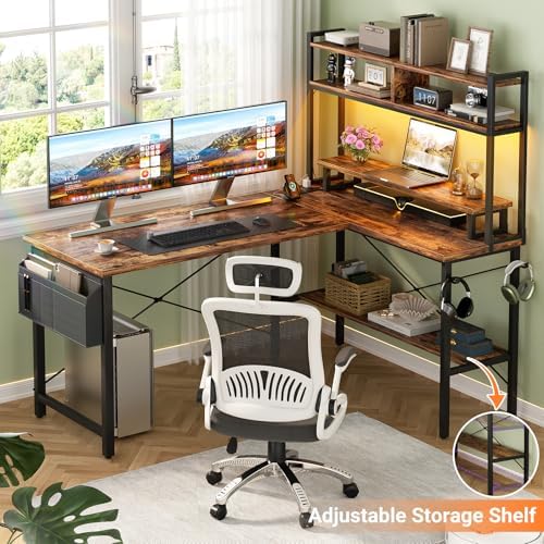 Aheaplus L Shaped Gaming Desk with Power Outlets & LED Lights, Rustic Brown