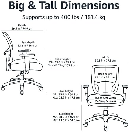 Amazon Basics Big and Tall Mesh Office Chair with Adjustable Armrests, Lumbar Support, Adjustable Height, 400lbs Capacity, Black