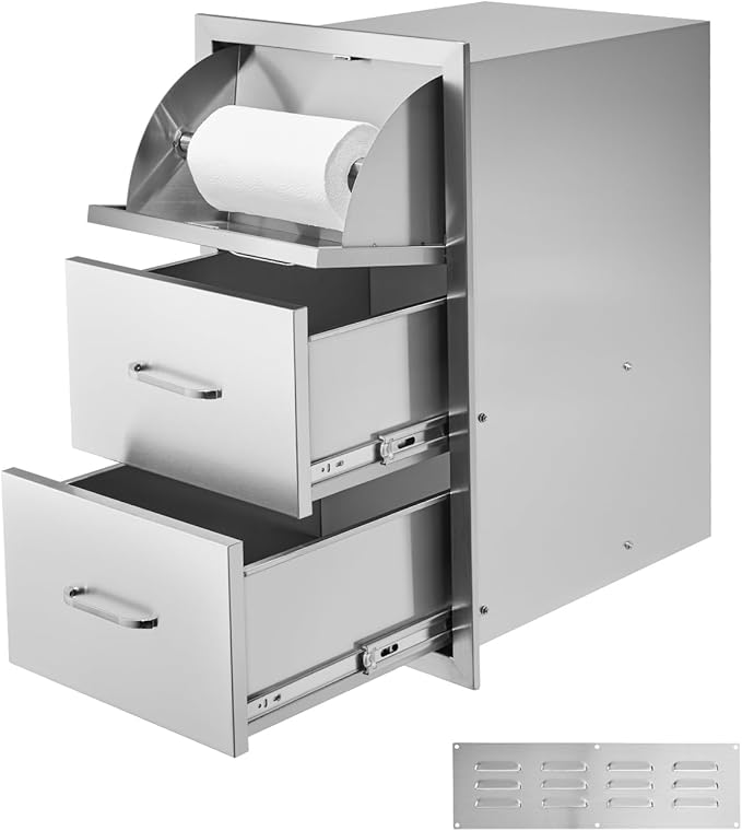 VEVOR Outdoor Kitchen Drawers, 16.5" W x 29" H x 20.5" D Triple Access Drawers, Stainless Steel Flush Mount Cabinets, BBQ Island Storage with Paper Towel Holder & Handle, for Patio Grill Station