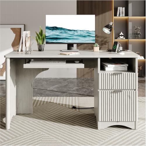 Bestier 55 Inch Computer Desk with Keyboard Tray, File Drawer, White