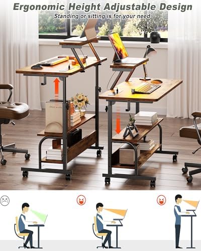 Height Adjustable Standing Desk with Power Outlets and LED Lights - 32" Manual Stand Up Desk with Monitor Stand and Storage Shelves Small Mobile Rolling Computer Desk Portable Laptop Table, Rustic