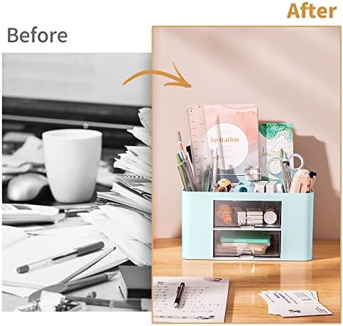 Marbrasse Pen Organizer with 2 Drawer, Multi-Functional Pencil Holder for Desk, Desk Organizers and Accessories with 5 Compartments + Drawer for Office Art Supplies (Blue)