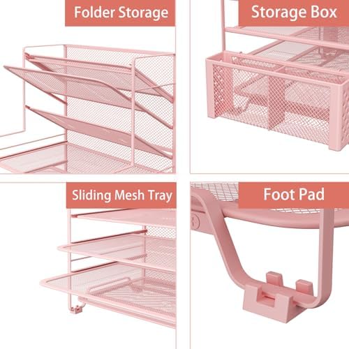 Simple Trending 7 Tier Desk File Organizer, Letter Tray Paper Organizer with Pen Holder and Metal Hanging Basket, Pink