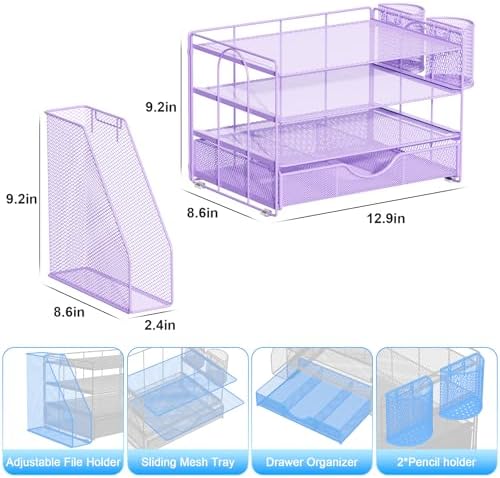 gianotter Desk Organizers and Accessories with File Holder, 4-Tier Desk Accessories & Workspace Organizers with Drawer and 2 Pen Holder, Paper Organizer for Office Supplies (Purple)