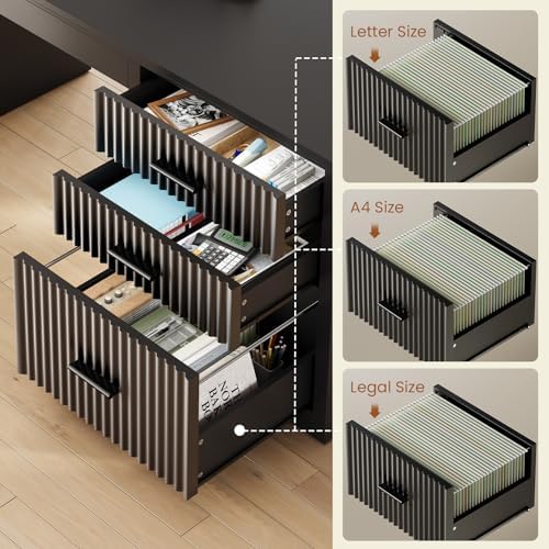 SEDETA Fluted L Shaped Electric Standing Desk, 63" x 67" Height Adjustable Home Office Executive Desk with Drawers and Shelves, Two Person Desk with Power Outlet for Home Office, Black