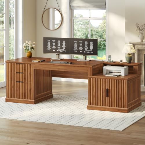 SEDETA 70.9" Executive Desk, Fluted Office Desk with Drawers, Fluted Brown