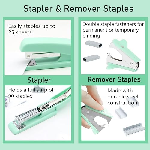 Green Desk Accessories, Green Office Supplies, Stapler, Staple Remover, Tape Holder, Pen Holder, Ballpoint Pen, Scissor, Binder Clips, Paper Clips and 1000pcs Staples.