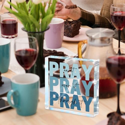 Religious Gifts for Women - Pray on it Pray over it Pray through it Acrylic Sign Decorative for Home Office Pastor Farmhouse Living Room Church Table Desk Bookshelf Decoration (Blue)
