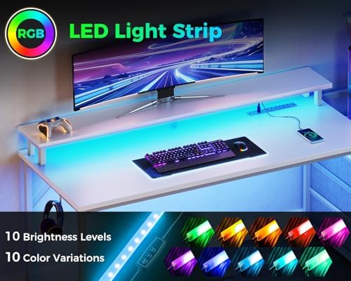 AODK 52 Inch Gaming Desk with USB Charging Ports & LED Light- Reversible Computer Desk with Storage Shelves & Monitor Stand, Modern Gamer Desk Table with Fabric Drawers, White