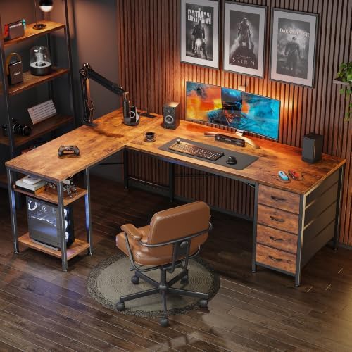 Huuger 55 Inch L Shaped Desk with Fabric Drawers, Reversible Computer Gaming Desk with Power Outlets and USB-C Port, Adjustable Side Storage Shelves, for Work Corner Home Office, Rustic Brown