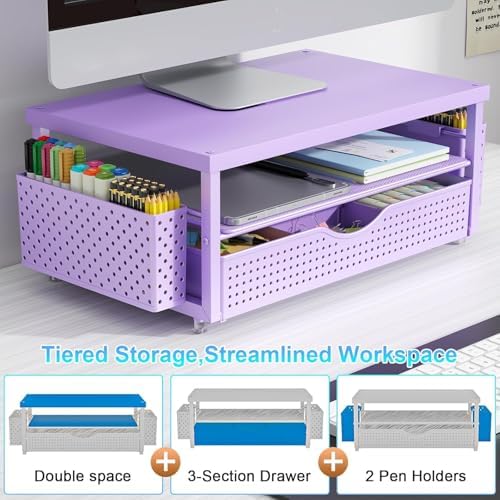 gianotter Desk Organizers and Accessories, Monitor Stand with Drawer and 2 Pen Holder, Desktop Organizer Suitable for Offices and Dormitories (Matte Purple)