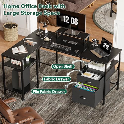 Furologee 50 Inch L Shaped Gaming Desk with Power Outlet and Drawers, Black