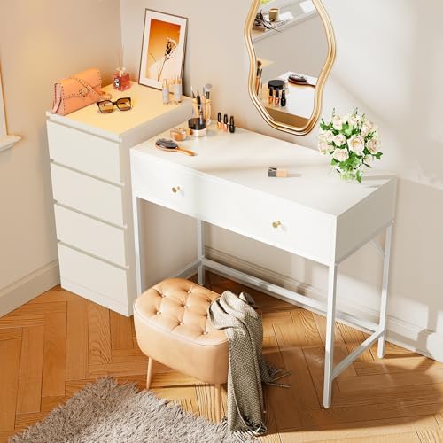 SUPERJARE 39.4" White Desk with 2 Drawers, Modern Makeup Vanity Desk