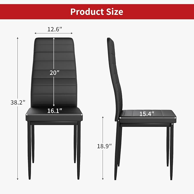 FDW | Dining Chairs Set of 4 | Black | Kitchen Chairs 4 Upholstered Chairs and Faux Leather Cushions | Space-Saving and Modern Design | for Dining Room, Easy to Assemble
