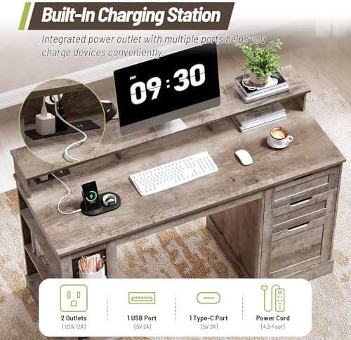 55-Inch Farmhouse Executive Desk with 2 Drawers and File Cabinet, Computer Desk with 3-Tier Storage Shelves, Home Office Desk with Charging Station, Pegboard and Monitor Shelf, Gray