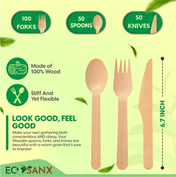 ECOSANX® 200 PCs Disposable Wooden Cutlery set 6.5" Splinter Free Compostable Utensils for party, Eco-Friendly, 100% All-Natural Bamboo Utensils set for picnic, Bamboo cutlery set for Events & More