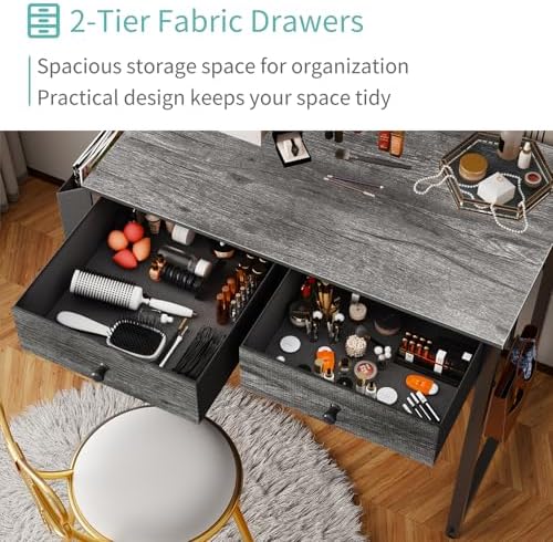 Lufeiya Small Desk with Drawers - for Bedroom, 32 Inch Home Office Computer Desk with Fabric Storage Drawer and Bag, Study Writing Table for Small Spaces, Gray