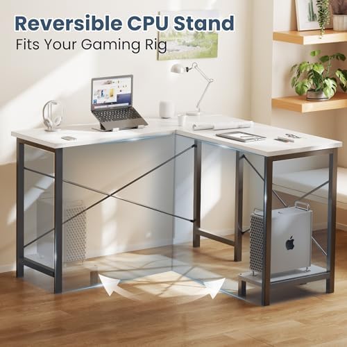 DUMOS 50-Inch Reversible L Shaped Desk with CPU Shelf, White