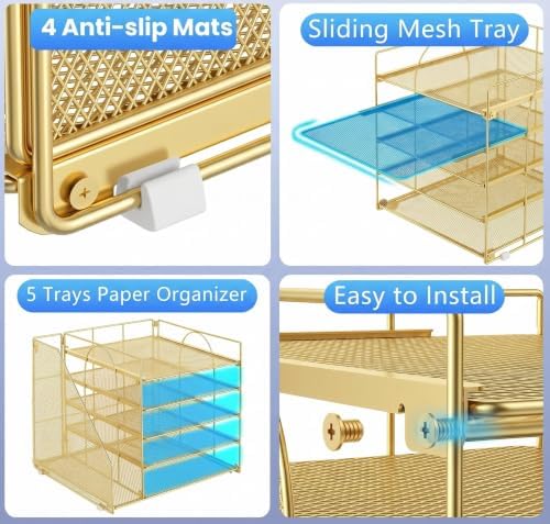 OPNICE Desk Organizer, 5-Tier Paper Organizer Letter Tray, Gold