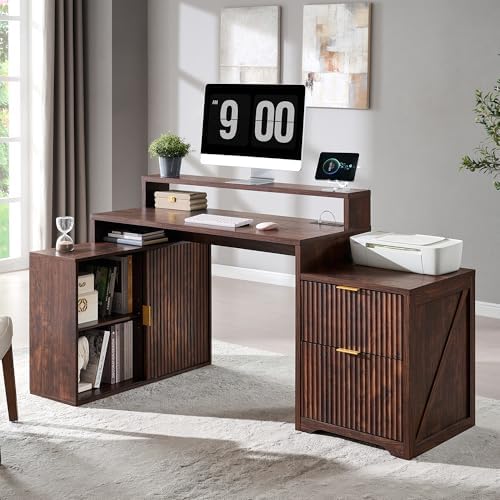 67" Modern Desk with Storage Cabinet & 2 Drawers, Built‑in Outlet