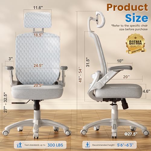 GABRYLLY Ergonomic Office Chair, High Back Home Desk Chair with Flip-Up Arms, 3D Headrest, Thick Sponge Seat &90-120° Recline, Big and Tall Mesh Executive Chairs for Man Woman, Glacier Flow