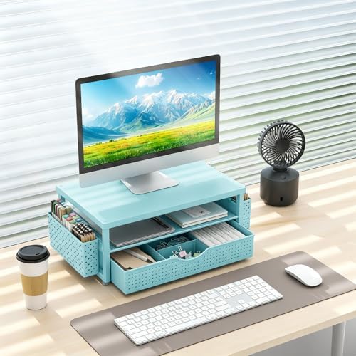 gianotter Desk Organizers and Accessories, Monitor Stand with Drawer and 2 Pen Holder, Desktop Organizer Suitable for Offices and Dormitories (Blue-Plain)