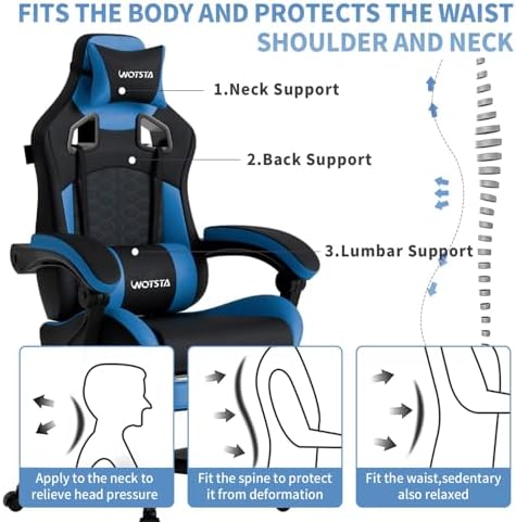 Gaming Chair with Footrest, Gaming Chairs PVC Leather Ergonomic Office Gamer Chair Headrest Lumbar Support Racing Style Video Gaming Chair for Office (Black Blue)