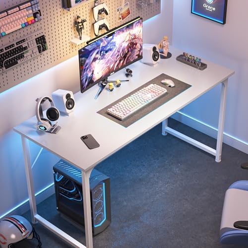 Huuger Computer Desk, 48 Inch Office Desk, Gaming Desk with Storage, Writing Desk Work Desk for Home Office, Study, Modern Simple Desk, Large Legroom, Metal Frame, White