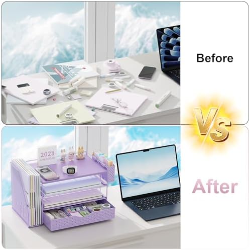 Wood Desk Organizers and Accessories with File Holder, 4-Tier Desk Accessories & Workspace Organizers with Drawer and Pen Holder, Desk Reference Organizer (Purple, 4T with Drawer)