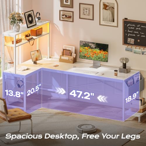 PRAISUN L Shaped Gaming Desk with LED Lights & Power Outlets