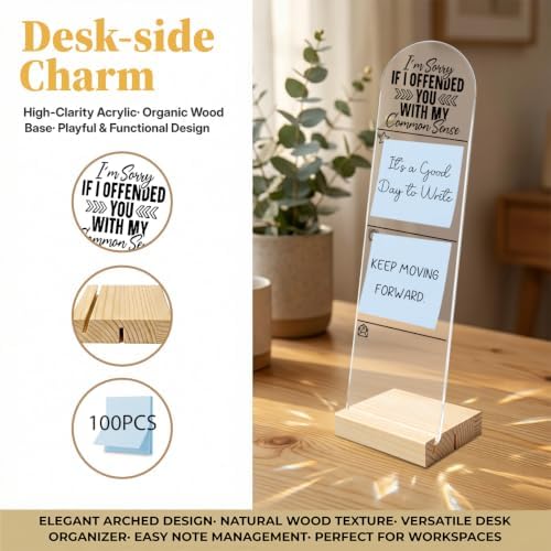 Monitor Memo Board, Sticky Note Holder, Message Board, Acrylic Desk Organizer Wooden Base with 100Pcs Notes for Home Desktop and Office Desk I'm Sorry If I Offended You with My Common Sense