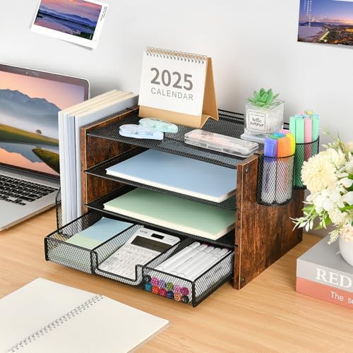 OPNICE Desk Organizer, 4-Tier Desktop File Organizer with Drawer and Pen Holders, Office Desk Accessories, File Sorters, Workspace Organizers for Office Supplies(Brown Wood)