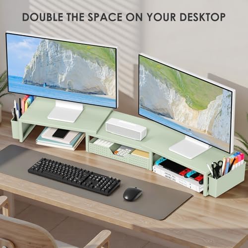 OPNICE Desk Organizers and Accessories, Dual Monitor Stand Riser with Drawer and 2 Pen Holders, Desk Shelf Computer Racks for Office Workspace Organizers, Desktop Organization (Sage Green)