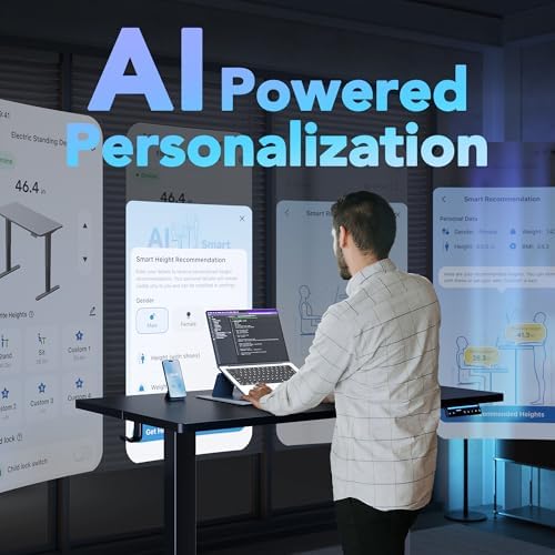 HUANUO 48" AI Smart Standing Desk with App-Synced Sedentary Reminders, Electric Height Adjustable Desk with Body-Data Ergonomic Presets, Voice Control Alexa/Google/Siri, 3 Memory Settings Table, Black