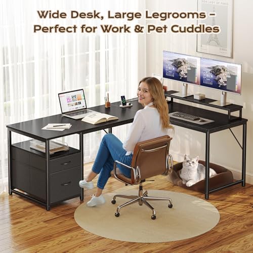 PRAISUN 55 Inch L Shaped Desk with Power Outlets and USB-C Port, Computer Corner Home Office Desk with File Fabric Drawers and Movable Monitor Stand, Larger Storage for Gaming, Work, Black
