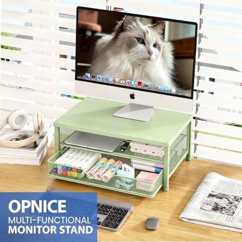 OPNICE Computer Monitor Stand Riser, Desk Organizer with Drawer, Printer & Laptop Stand, Office Desk Accessories & Workspace Desktop Organizers Storage for Office Supplies(Green)