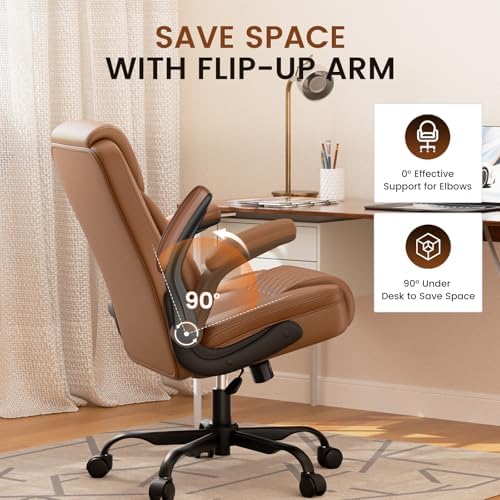 GTPLAYER PU Leather Office Chair, Home Desk Chair with Flip-up Arms, Brown