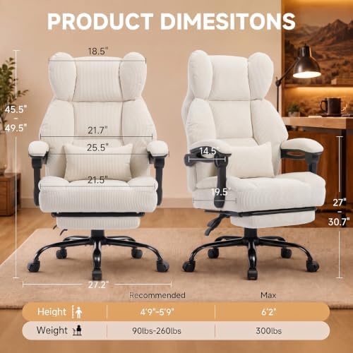 GTPLAYER Big&Tall Ergonomic Gaming Chair, Wide Spring Seat, Linkage Armrest,White